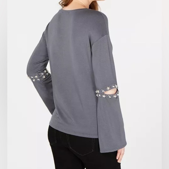 I.N.C. Embellished Pearl and Rhinestone Cutout Elbow Gray Top Size Large - Picture 2 of 11